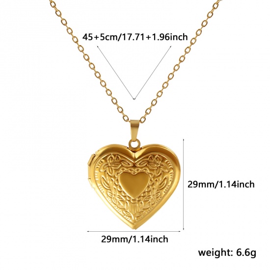 Bild von 18K Real Gold Plated Link Cable Chain Heart Pendant Charm Necklace, 304 Stainless Steel 45cm(17.7") + 5cm(2"), For Women, Wreath Can Open, Picture Photo Frame Locket Retro Gift, Eco-friendly PVD Vacuum Plating, 1 Piece