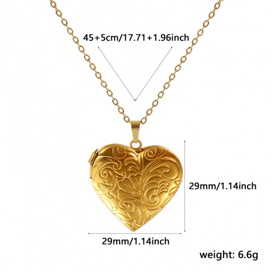Bild von 18K Real Gold Plated Link Cable Chain Heart Pendant Charm Necklace, 304 Stainless Steel 45cm(17.7") + 5cm(2"), For Women, Carved Pattern Can Open, Picture Photo Frame Locket Retro Gift, Eco-friendly PVD Vacuum Plating, 1 Piece