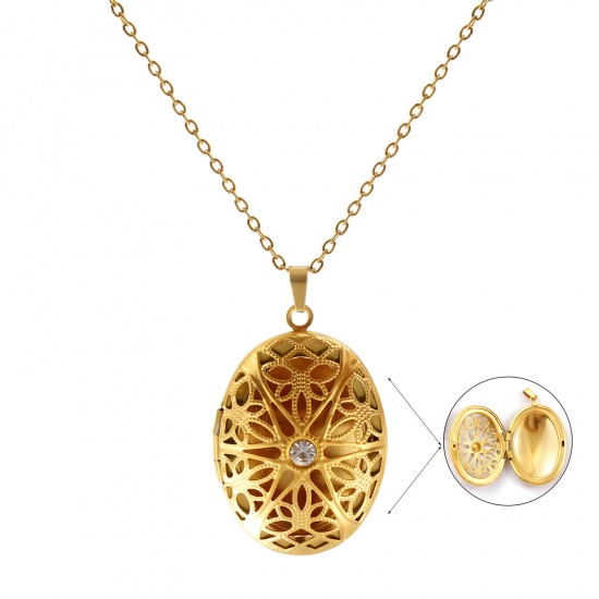 Bild von 18K Real Gold Plated Link Cable Chain Oval Pendant Charm Necklace, 304 Stainless Steel 45cm(17.7") + 5cm(2"), For Women, Clear Rhinestone Filigree Can Open, Picture Photo Frame Locket Retro Gift, Eco-friendly PVD Vacuum Plating, 1 Piece