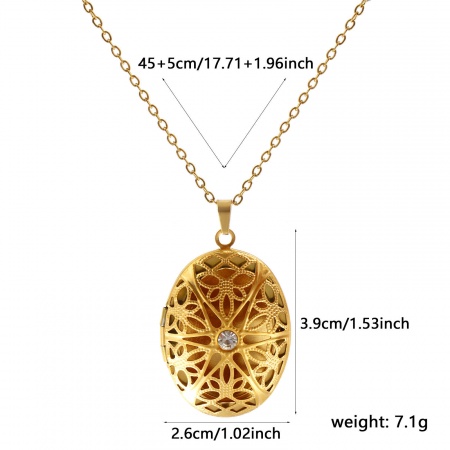 Picture of 18K Real Gold Plated Link Cable Chain Oval Pendant Charm Necklace, 304 Stainless Steel 45cm(17.7") + 5cm(2"), For Women, Clear Rhinestone Filigree Can Open, Picture Photo Frame Locket Retro Gift, Eco-friendly PVD Vacuum Plating Waterproof Anti-Tarnish Hypoallergenic, 1 Piece