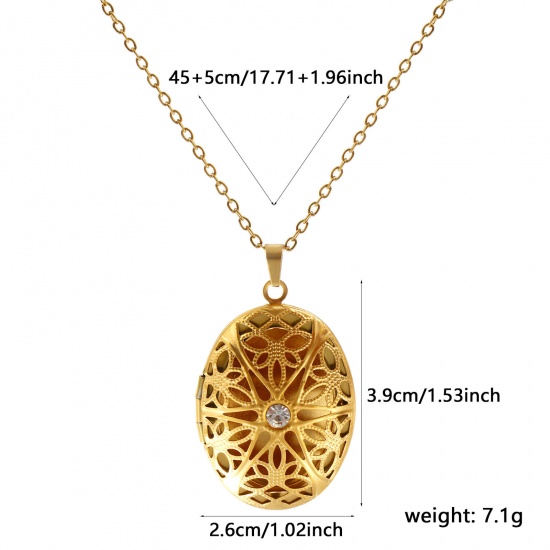 Bild von 18K Real Gold Plated Link Cable Chain Oval Pendant Charm Necklace, 304 Stainless Steel 45cm(17.7") + 5cm(2"), For Women, Clear Rhinestone Filigree Can Open, Picture Photo Frame Locket Retro Gift, Eco-friendly PVD Vacuum Plating, 1 Piece