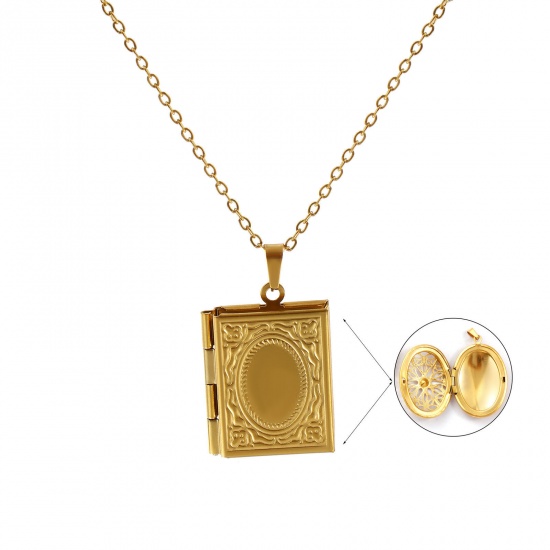 Bild von 18K Real Gold Plated Link Cable Chain Book Pendant Charm Necklace, 304 Stainless Steel 45cm(17.7") + 5cm(2"), For Women, Carved Pattern Can Open, Picture Photo Frame Locket Retro Gift, Eco-friendly PVD Vacuum Plating, 1 Piece