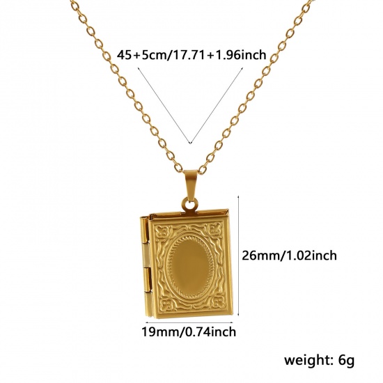 Bild von 18K Real Gold Plated Link Cable Chain Book Pendant Charm Necklace, 304 Stainless Steel 45cm(17.7") + 5cm(2"), For Women, Carved Pattern Can Open, Picture Photo Frame Locket Retro Gift, Eco-friendly PVD Vacuum Plating, 1 Piece