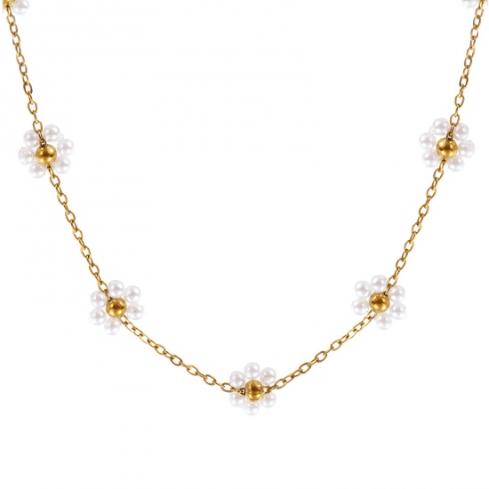 Bild von 1 Strang 18K Echtgold plattiert Kreuz Gliederketten Blumen Perlenkette, 304 Edelstahl & Acryl 40cm + 5cm, Für Frauen, Weiß Imitat Perle, Süß Exquisit Geschenk, Umweltfreundliche PVD-Vakuumbeschichtung