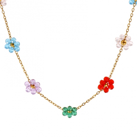 Bild von 1 Strang 18K Echtgold plattiert Kreuz Gliederketten Blumen Perlenkette, 304 Edelstahl & Glas 40cm + 5cm, Für Frauen, Bunt Süß Exquisit Geschenk, Umweltfreundliche PVD-Vakuumbeschichtung