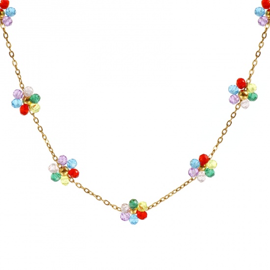 Bild von 1 Strang 18K Echtgold plattiert Kreuz Gliederketten Blumen Perlenkette, 304 Edelstahl & Glas 40cm + 5cm, Für Frauen, Bunt Süß Exquisit Geschenk, Umweltfreundliche PVD-Vakuumbeschichtung