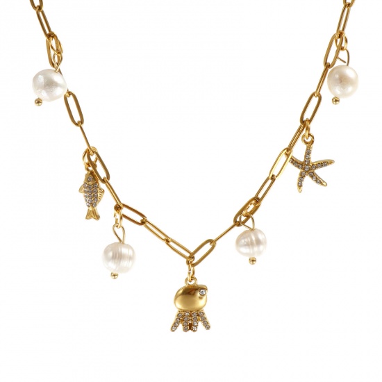 Bild von 18K Echtgold plattiert Büroklammerkette Kraken Anhänger Halskette, 304 Edelstahl & Naturperle 42cm + 5cm, Für Frauen, Klar Zirkonia Weiß Ozean Schmuck Stilvoll Geschenk, Umweltfreundliche PVD-Vakuumbeschichtung, 1 Strang