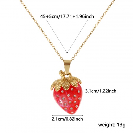 Imagen de 18K Oro Real Chapado Cadena de Cable Cruz Fresas Collar con Colgante, Acero Inoxidable & Resina 45cm + 5cm, Para Mujeres, Transparente Rhinestone Rosa Intenso Perlado, Exquisito Dulce & Lindo Regalo, Recubrimiento al Vacío PVD Ecológico Impermeable Antioxidante Hipoalergénico, 1 Unidad