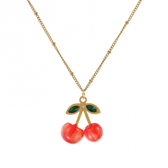 Image de Collier à Breloques Cerise Plaqué Or Véritable 18K en Acier Inoxydable & Résine Pour Femmes, Chaîne Maille Cheval 45cm + 5cm, à Strass Vert Rouge Orangé 3D, Exquis Sucré & Mignon Cadeau, Revêtement sous Vide PVD Respectueux de l'Environnement, 1 Pièce