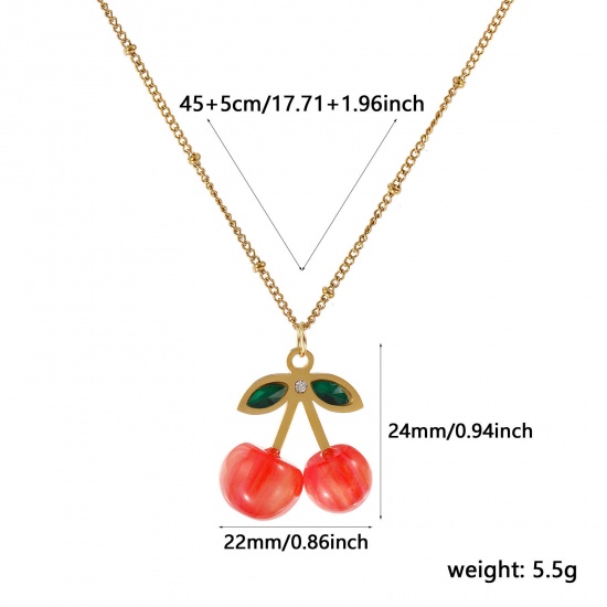Image de Collier à Breloques Cerise Plaqué Or Véritable 18K en Acier Inoxydable & Résine Pour Femmes, Chaîne Maille Cheval 45cm + 5cm, à Strass Vert Rouge Orangé 3D, Exquis Sucré & Mignon Cadeau, Revêtement sous Vide PVD Respectueux de l'Environnement, 1 Pièce