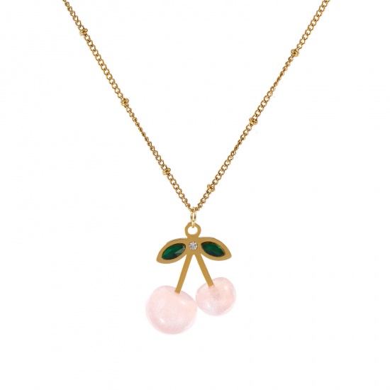 Image de Collier à Breloques Cerise Plaqué Or Véritable 18K en Acier Inoxydable & Résine Pour Femmes, Chaîne Maille Cheval 45cm + 5cm, à Strass Vert Rose Clair Perlaire, Exquis Sucré & Mignon Cadeau, Revêtement sous Vide PVD Respectueux de l'Environnement, 1 Pièce