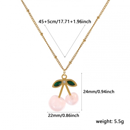 Imagen de 18K Oro Real Chapado Cadenas de Curb Cereza Collar con Colgante, Acero Inoxidable & Resina 45cm + 5cm, Para Mujeres, Verde Rhinestone Color rosa Perlado, Exquisito Dulce & Lindo Regalo, Recubrimiento al Vacío PVD Ecológico Impermeable Antioxidante Hipoalergénico, 1 Unidad