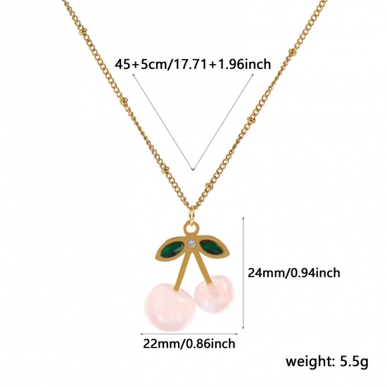 Image de Collier à Breloques Cerise Plaqué Or Véritable 18K en Acier Inoxydable & Résine Pour Femmes, Chaîne Maille Cheval 45cm + 5cm, à Strass Vert Rose Clair Perlaire, Exquis Sucré & Mignon Cadeau, Revêtement sous Vide PVD Respectueux de l'Environnement, 1 Pièce