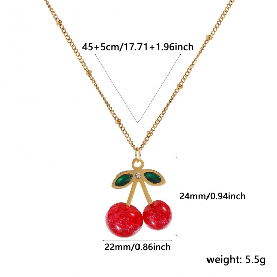 Image de Collier à Breloques Cerise Plaqué Or Véritable 18K en Acier Inoxydable & Résine Pour Femmes, Chaîne Maille Cheval 45cm + 5cm, à Strass Vert Rouge Perlaire, Exquis Sucré & Mignon Cadeau, Revêtement sous Vide PVD Respectueux de l'Environnement, 1 Pièce