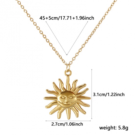 Immagine di 18K Vero Oro Placcato Catena a Cavo Sole Collana con Ciondolo, 304 Acciaio Inossidabile 45cm + 5cm, Per Donne, Galassia Retrò Regalo, Placcatura Sottovuoto PVD Ecologica, 1 Pz