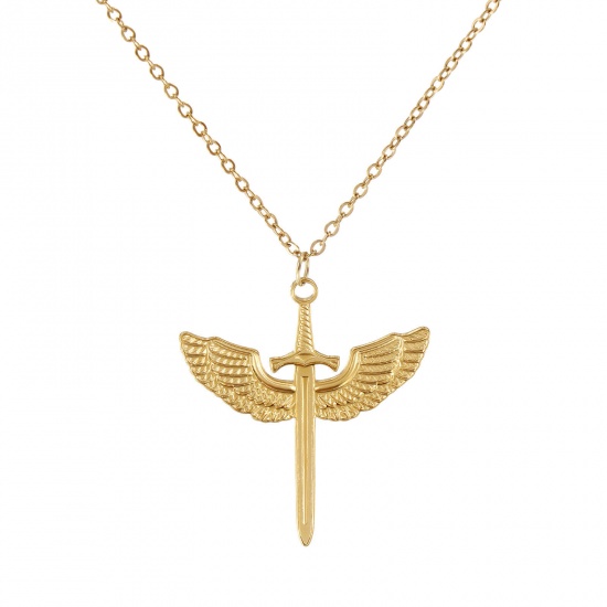 Immagine di 18K Vero Oro Placcato Catena a Cavo Spada Collana con Ciondolo, 304 Acciaio Inossidabile 45cm + 5cm, Per Donne, Ali Squisito Elegante Regalo, Placcatura Sottovuoto PVD Ecologica, 1 Pz