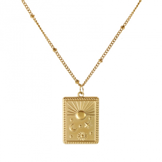 Picture of 18K Real Gold Plated Curb Link Chain Rectangle Pendant Charm Necklace, 304 Stainless Steel 45cm(17.7") + 5cm(2"), For Women, Sun & Moon Galaxy Retro Gift, Eco-friendly PVD Vacuum Plating, 1 Piece