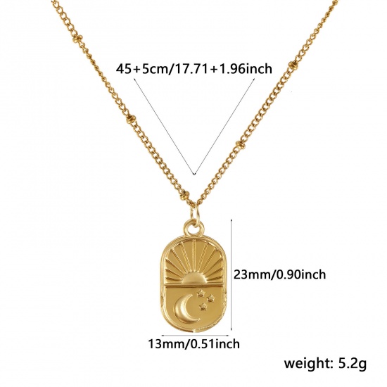 Picture of 18K Real Gold Plated Curb Link Chain Oval Pendant Charm Necklace, 304 Stainless Steel 45cm(17.7") + 5cm(2"), For Women, Sun & Moon Galaxy Retro Gift, Eco-friendly PVD Vacuum Plating, 1 Piece