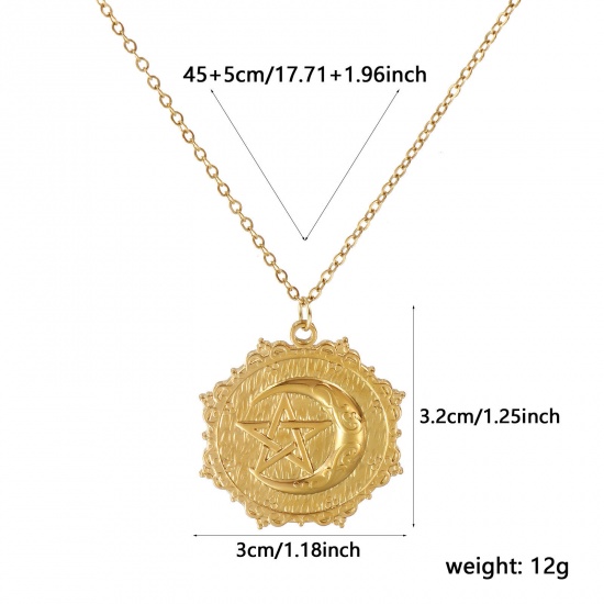 Image de Collier à Breloques Rond Plaqué Or Véritable 18K en 304 Acier Inoxydable Pour Femmes, Chaîne Maille Forçat 45cm + 5cm, Lune Galaxie Vintage Cadeau, Revêtement sous Vide PVD Respectueux de l'Environnement, 1 Pièce