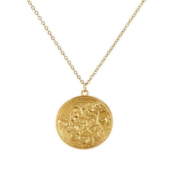 Image de Collier à Breloques Rond Plaqué Or Véritable 18K en 304 Acier Inoxydable Pour Femmes, Chaîne Maille Forçat 45cm + 5cm, Soleil et Lune avec Visage Galaxie Vintage Cadeau, Revêtement sous Vide PVD Respectueux de l'Environnement, 1 Pièce