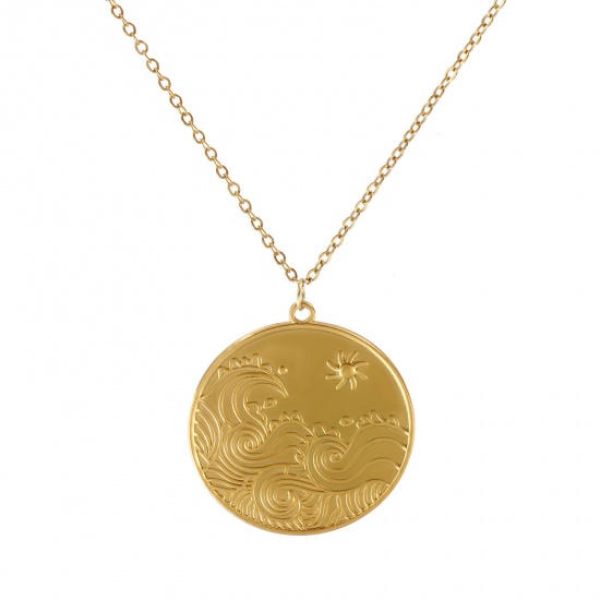 Image de Collier à Breloques Rond Plaqué Or Véritable 18K en 304 Acier Inoxydable Pour Femmes, Chaîne Maille Forçat 45cm + 5cm, Vague Exquis Vintage Cadeau, Revêtement sous Vide PVD Respectueux de l'Environnement, 1 Pièce