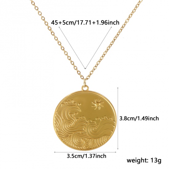 Image de Collier à Breloques Rond Plaqué Or Véritable 18K en 304 Acier Inoxydable Pour Femmes, Chaîne Maille Forçat 45cm + 5cm, Vague Exquis Vintage Cadeau, Revêtement sous Vide PVD Respectueux de l'Environnement, 1 Pièce