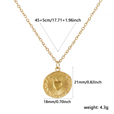 Picture of Wholesale Round Ex Voto Heart Pendant Charm Necklace, 18K Real Gold Plated 304 Stainless Steel Link Cable Chain, Women's Eco-friendly PVD Vacuum Plating Waterproof Anti-Tarnish Hypoallergenic Religious Retro Gift Jewelry For Retailer, 45cm(17.7") + 5cm(2") long, 1 Piece