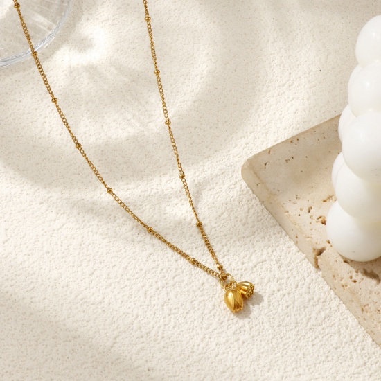 Image de Collier à Breloques Fleur de Lotus Plaqué Or Véritable 18K en 304 Acier Inoxydable Pour Femmes, Chaîne Maille Cheval 45cm + 5cm, 3D, Exquis À la Mode Cadeau, Revêtement sous Vide PVD Respectueux de l'Environnement, 1 Pièce