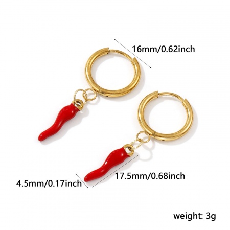 Immagine di 1 Paio Placcatura Sottovuoto PVD Ecologica Impermeabile Anti-Ossidante Ipoallergenico Elegante Squisito 18K Vero Oro Placcato Rosso 304 Acciaio Inossidabile Corno Italiano Peperoncino Smalto Orecchini Circolari Per Donne Regalo 3.9cm x 1.6cm, Posta / Filo Dimensione: 1mm(18 misura)