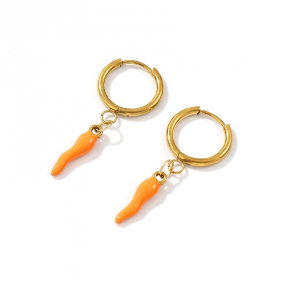 Immagine di 1 Paio Placcatura Sottovuoto PVD Ecologica Elegante Squisito 18K Vero Oro Placcato Arancione 304 Acciaio Inossidabile Peperone Smalto Orecchini Circolari Per Donne Regalo 3.9cm x 1.6cm, Posta / Filo Dimensione: 1mm(18 misura)