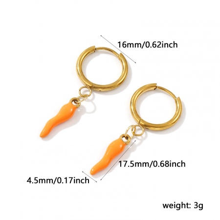 Immagine di 1 Paio Placcatura Sottovuoto PVD Ecologica Impermeabile Anti-Ossidante Ipoallergenico Elegante Squisito 18K Vero Oro Placcato Arancione 304 Acciaio Inossidabile Corno Italiano Peperoncino Smalto Orecchini Circolari Per Donne Regalo 3.9cm x 1.6cm, Posta / Filo Dimensione: 1mm(18 misura)