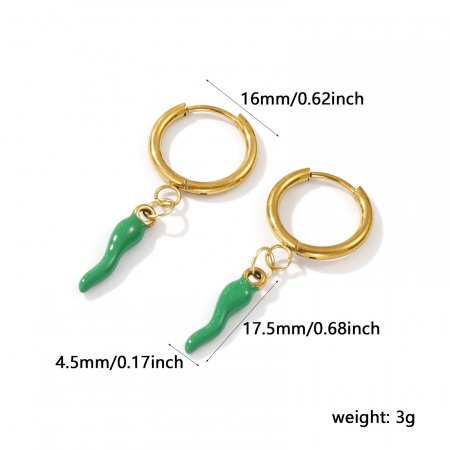 Immagine di 1 Paio Placcatura Sottovuoto PVD Ecologica Impermeabile Anti-Ossidante Ipoallergenico Elegante Squisito 18K Vero Oro Placcato Verde 304 Acciaio Inossidabile Corno Italiano Peperoncino Smalto Orecchini Circolari Per Donne Regalo 3.9cm x 1.6cm, Posta / Filo Dimensione: 1mm(18 misura)