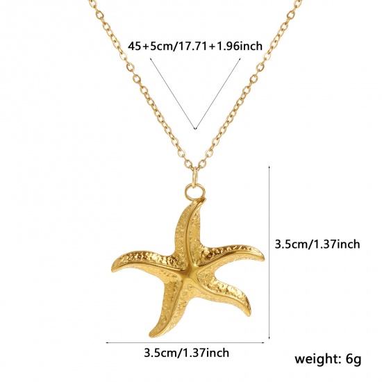 Bild von 18K Real Gold Plated Link Cable Chain Star Fish Pendant Charm Necklace, 304 Stainless Steel 45cm(17.7") + 5cm(2"), For Women, Ocean Jewelry Stylish Gift, Eco-friendly PVD Vacuum Plating, 1 Piece