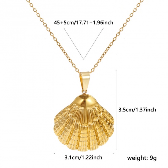 Bild von 18K Real Gold Plated Link Cable Chain Shell Pendant Charm Necklace, 304 Stainless Steel 45cm(17.7") + 5cm(2"), For Women, Ocean Jewelry Stylish Gift, Eco-friendly PVD Vacuum Plating, 1 Piece