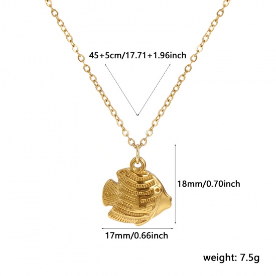 Bild von 18K Real Gold Plated Link Cable Chain Tropical Fish Pendant Charm Necklace, 304 Stainless Steel 45cm(17.7") + 5cm(2"), For Women, 3D, Ocean Jewelry Stylish Gift, Eco-friendly PVD Vacuum Plating, 1 Piece
