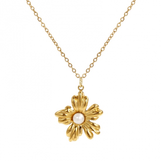 Изображение 18K Real Gold Plated Link Cable Chain Flower Pendant Charm Necklace, 304 Stainless Steel & Natural Pearl 45cm(17.7") + 5cm(2"), For Women, White Exquisite Stylish Gift, Eco-friendly PVD Vacuum Plating, 1 Piece