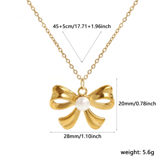 Изображение 18K Real Gold Plated Link Cable Chain Bowknot Pendant Charm Necklace, 304 Stainless Steel & Natural Pearl 45cm(17.7") + 5cm(2"), For Women, White Clothes Stylish Gift, Eco-friendly PVD Vacuum Plating, 1 Piece