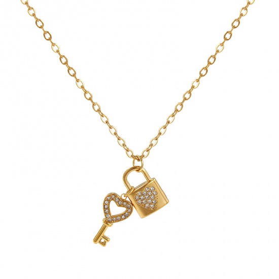 Изображение 18K Real Gold Plated Link Cable Chain Lovers Lock & Key Pendant Charm Necklace, 304 Stainless Steel 45cm(17.7") + 5cm(2"), For Women, Clear Cubic Zirconia Micro Pave, Valentine's Day Stylish Gift, Eco-friendly PVD Vacuum Plating, 1 Piece