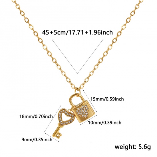Изображение 18K Real Gold Plated Link Cable Chain Lovers Lock & Key Pendant Charm Necklace, 304 Stainless Steel 45cm(17.7") + 5cm(2"), For Women, Clear Cubic Zirconia Micro Pave, Valentine's Day Stylish Gift, Eco-friendly PVD Vacuum Plating, 1 Piece