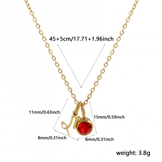 Image de 18K Real Gold Plated Link Cable Chain Capricornus Sign Of Zodiac Constellations Pendant Charm Necklace, 304 Stainless Steel 45cm(17.7") + 5cm(2"), For Women, Red Rhinestone January Birthstone Retro Gift, Eco-friendly PVD Vacuum Plating, 1 Piece