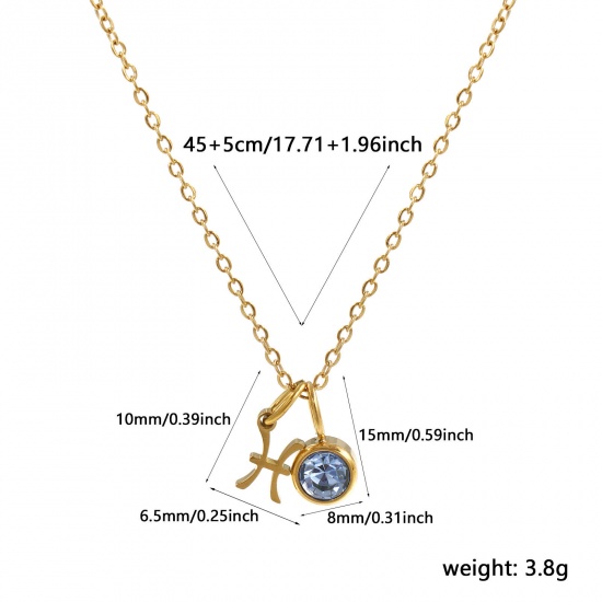 Image de 18K Real Gold Plated Link Cable Chain Pisces Sign Of Zodiac Constellations Pendant Charm Necklace, 304 Stainless Steel 45cm(17.7") + 5cm(2"), For Women, Light Blue Rhinestone March Birthstone Retro Gift, Eco-friendly PVD Vacuum Plating, 1 Piece