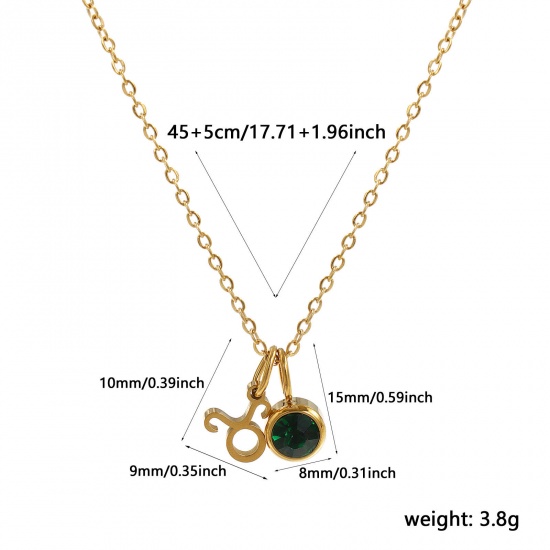 Image de 18K Real Gold Plated Link Cable Chain Taurus Sign Of Zodiac Constellations Pendant Charm Necklace, 304 Stainless Steel 45cm(17.7") + 5cm(2"), For Women, Green Rhinestone May Birthstone Retro Gift, Eco-friendly PVD Vacuum Plating, 1 Piece