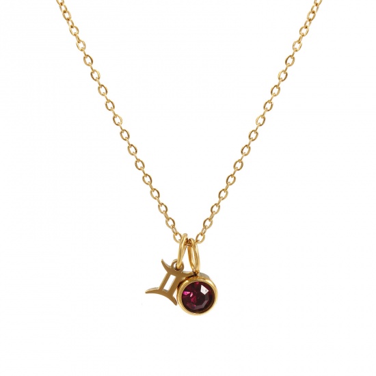 Image de 18K Real Gold Plated Link Cable Chain Gemini Sign Of Zodiac Constellations Pendant Charm Necklace, 304 Stainless Steel 45cm(17.7") + 5cm(2"), For Women, Purple Rhinestone June Birthstone Retro Gift, Eco-friendly PVD Vacuum Plating, 1 Piece