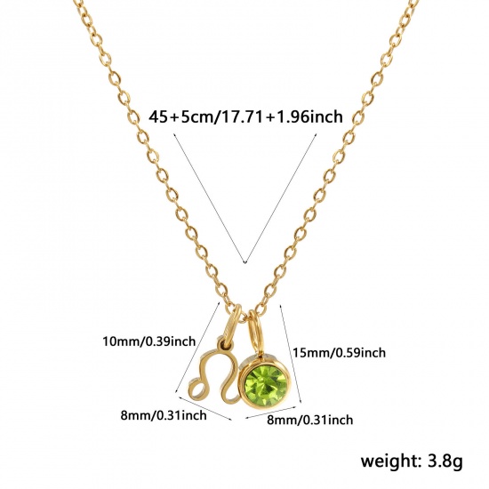 Image de 18K Real Gold Plated Link Cable Chain Leo Sign Of Zodiac Constellations Pendant Charm Necklace, 304 Stainless Steel 45cm(17.7") + 5cm(2"), For Women, Light Green Rhinestone August Birthstone Retro Gift, Eco-friendly PVD Vacuum Plating, 1 Piece