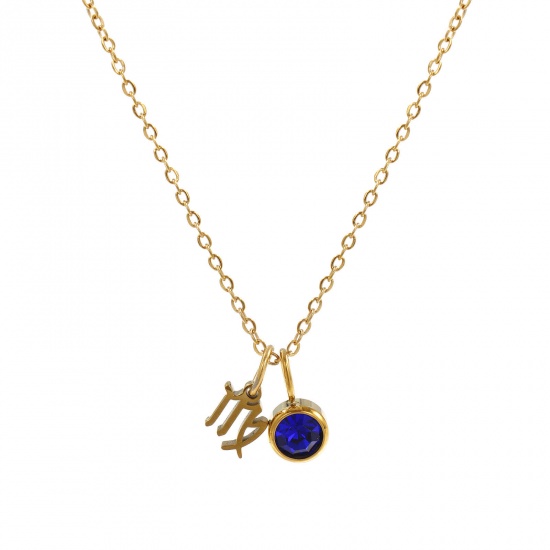 Image de 18K Real Gold Plated Link Cable Chain Virgo Sign Of Zodiac Constellations Pendant Charm Necklace, 304 Stainless Steel 45cm(17.7") + 5cm(2"), For Women, Royal Blue Rhinestone September Birthstone Retro Gift, Eco-friendly PVD Vacuum Plating, 1 Piece