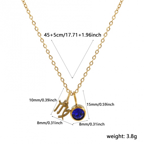 Image de 18K Real Gold Plated Link Cable Chain Virgo Sign Of Zodiac Constellations Pendant Charm Necklace, 304 Stainless Steel 45cm(17.7") + 5cm(2"), For Women, Royal Blue Rhinestone September Birthstone Retro Gift, Eco-friendly PVD Vacuum Plating, 1 Piece