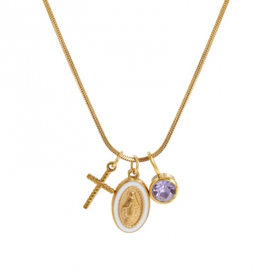 Imagen de 18K Real Gold Plated Square Snake Chain Cross Pendant Charm Necklace, 304 Stainless Steel 45cm(17.7") + 5cm(2"), For Women, Violet Rhinestone Jesus White Enamel February Birthstone Retro Gift, Eco-friendly PVD Vacuum Plating, 1 Piece