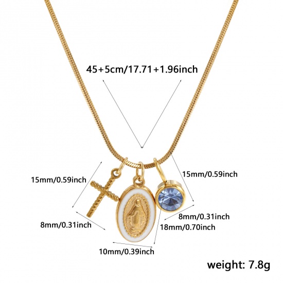 Imagen de 18K Real Gold Plated Square Snake Chain Cross Pendant Charm Necklace, 304 Stainless Steel 45cm(17.7") + 5cm(2"), For Women, Light Blue Rhinestone Jesus White Enamel March Birthstone Retro Gift, Eco-friendly PVD Vacuum Plating, 1 Piece