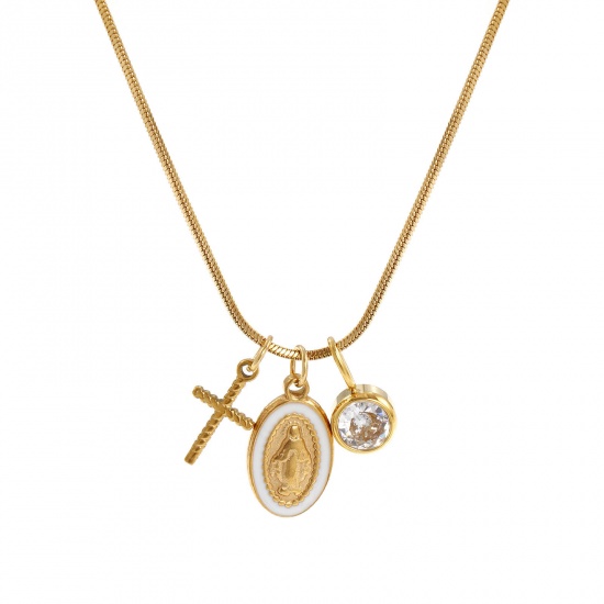 Imagen de 18K Real Gold Plated Square Snake Chain Cross Pendant Charm Necklace, 304 Stainless Steel 45cm(17.7") + 5cm(2"), For Women, Clear Rhinestone Jesus White Enamel April Birthstone Retro Gift, Eco-friendly PVD Vacuum Plating, 1 Piece