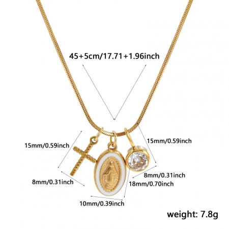Picture of Wholesale Cross Jesus White Clear Rhinestone April Birthstone Pendant Charm Necklace, 18K Real Gold Plated 304 Stainless Steel Square Snake Chain, Women's Eco-friendly PVD Vacuum Plating Waterproof Anti-Tarnish Hypoallergenic Religious Retro Gift Jewelry For Retailer, 45cm(17.7") + 5cm(2") long, 1 P